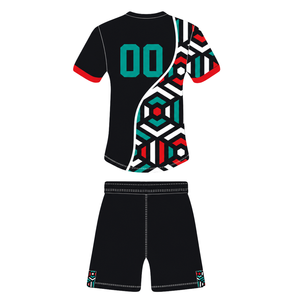 Ensemble short et maillot de rugby géométrique noir, rouge et blanc, à manches courtes, col rond, personnalisable, respirant, pour l'entraînement et les sports d'équipe - Product Image 2