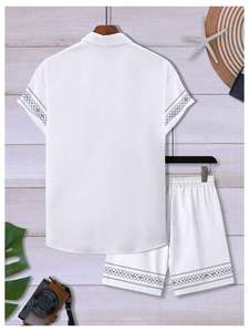 Conjunto de Camisa y Pantalones Cortos Blancos Bordados para Hombre, Estilo Ligero de Poliéster, Atuendo Casual de Verano - Product Image 4