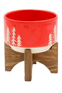 Minimalist Set 2 Metal Flower <b>Pot</b> with Wooden Stand Elliptical Pattern Glazed Finish <b>for</b> Indoor Desktop Use - Product Image 2