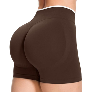 Shorts marron tricotés en spandex taille haute personnalisés pour femme – Sportifs, respirants, taille élastique, coupe ajustée, pour l'entraînement - Product Image 1