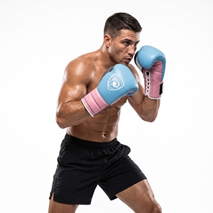 Dumela Pink and Blue Leather Boxing Gloves with <b>White</b> <b>Laces</b> and Logo Design - Product Image 3