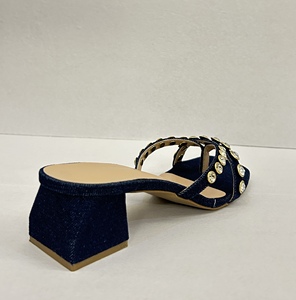 Blue Denim Heeled <b>Sandals</b> Women Block Heel Mule <b>Slides</b> Rhinestone Strap Open Toe Casual Party Shoes - Product Image 6