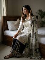 Ensemble haut, sharara et dupatta en soie pure avec broderies fantaisie et perles, manches longues, en micro-coton lourd, pour femmes