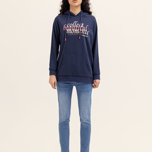 Sudadera con Capucha Azul Marino para Mujer, de Algodón Tejido, Casual, Oversize, con Estampado de Letras, Bolsillo Frontal, Estilo Urbano, para Otoño e Invierno - Product Image 1