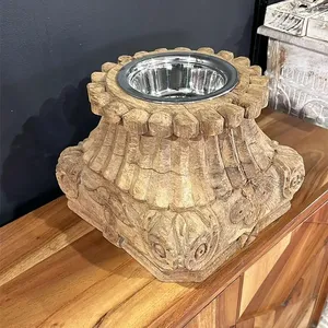 Vintage Hand Carved Wooden Pillar Candle Holder <b>Rustic</b> Pet Feeder Farmhouse Decor for Bedroom Living Room <b>Console</b> <b>Table</b> - Product Image 1