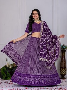 Nuevo conjunto de lehenga morado de georgette bordado, semisellado, con choli y dupatta. - Product Image 4