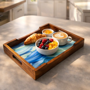 Luxury Wooden Resin Serving Tray Blue Ocean <b>Epoxy</b> Inlay Rectangular Breakfast Tray Premium Solid Wood Coffee <b>Table</b> Decorative - Product Image 1