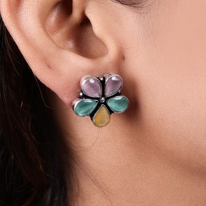 Brass Oxidized Silver Bezel Setting Pear Cut Flower <b>Stud</b> <b>Earrings</b> Women | Multicolor Gemstone Boho Party <b>Earrings</b> | Handmade - Product Image 2