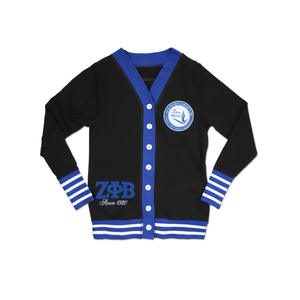 Cardigans décontractés unisexes Zeta Phi Beta noirs à col en V, manches longues, avec logos brodés, pour l'hiver, pulls de sororité et de fraternité - Product Image 1