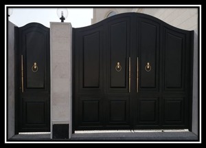 Traditional Black Double <b>Sliding</b> Gate Gold Ring Handles Durable Eco-Friendly Powder Coated Exterior Door for Hotel Apartment - Product Image 1