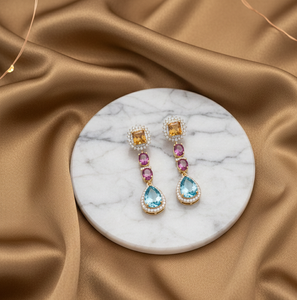 Boucles d'oreilles pendantes en argent 925 plaqué or 18 carats avec pierres multicolores, ovales jaunes et bleues en forme de poire, cadeau pour elle - Product Image 5