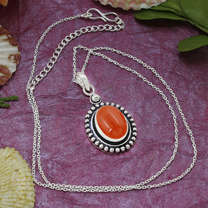Collier pendentif ovale de luxe unisexe en cornaline naturelle sertie clos, en argent sterling 925, fait main - Product Image 3