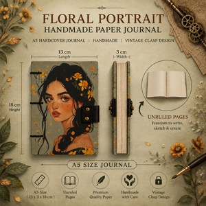<b>A5</b> Floral Portrait Handmade Paper Journal | Eco Friendly Hardcover Lock Diary <b>Notebook</b> with Artistic Cover Design Gift Set Daily - Product Image 6