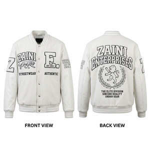 ZAINI <b>Men</b> Varsity <b>Jacket</b> Premium Wool Blend 500 GSM for Body <b>White</b> PU Sleeves Rib Knit Trim Custom Embroidered Logo Windproof - Product Image 1