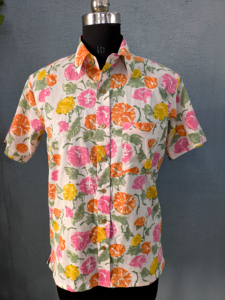 เสื้อเชิ้ตแขนสั้นลายดอกไม้ผ้าฝ้ายสำหรับผู้ชาย คอปกแบบพับได้ สไตล์ฤดูร้อน ระบายอากาศได้ดี ผ้าป๊อปลินทอ - Product Image 1