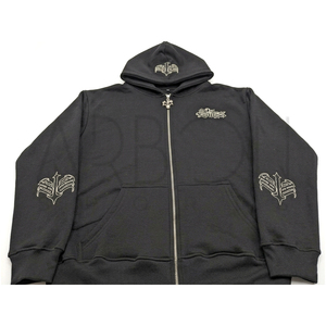 Sweat à capuche zippé noir pour homme 2026 OEM ODM, broderie gothique, streetwear, molletonné, avec logo personnalisé, décontracté, pour l'hiver - Product Image 1