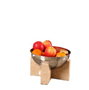 Frutero Decorativo de Metal Pulido de Lujo con Base de Piedra Natural de Travertino Sólido para Exhibición en Mesa de Centro, Moderno y Premium - Product Image 1