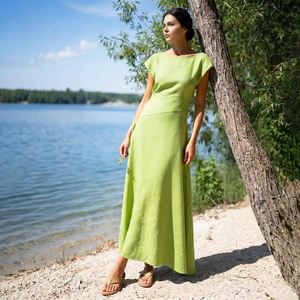 Robe midi vintage coupe trapèze 100 % coton à col en V et manches cloche, taille haute, avec poches à nœud et fermeture éclair latérale, faite à la main, respirante – Meilleure vente - Product Image 1