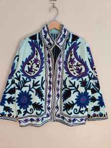 <b>Women's</b> Luxe Bohemian Floral Suzani Embroidered Eco-Friendly Reversible Breathable Short Bomber <b>Jacket</b> - Product Image 5