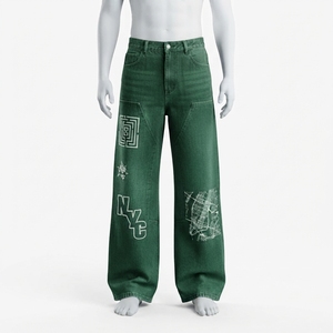 Pantalones Vaqueros de Mezclilla para Hombre, Cintura Alta, Corte Recto, con Estampado Geométrico, Ajuste Holgado, Estilo Casual Otoñal, Color Verde, de Algodón - Product Image 2