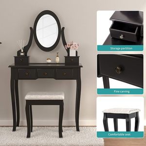 "Black Glass Vanity <b>Makeup</b> Table with Lighted <b>Mirror</b> & 5 Drawers/ Stool" - Product Image 2