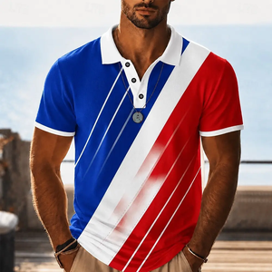 Chemise décontractée pour homme, rouge, blanc et bleu, respirante, séchage rapide, pour le printemps, l'été, le quotidien, le streetwear, les occasions décontractées élégantes - Product Image 1