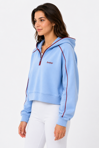 Sweat-shirt à capuche court pour femme, hiver, bleu ciel uni, fermeture demi-zip, en molleton de coton doux, décontracté, long - Product Image 2