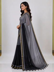 Sari long élégant noir et gris en coton avec bordure dorée, tenue de mariage traditionnelle pour femme, infroissable, anti-humidité, recyclé - Product Image 4