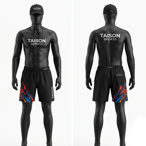 Shorts de baño premium de poliéster de 140 GSM de secado rápido, color negro, con panel lateral sublimado y logotipo personalizado por transferencia térmica. - Product Image 1