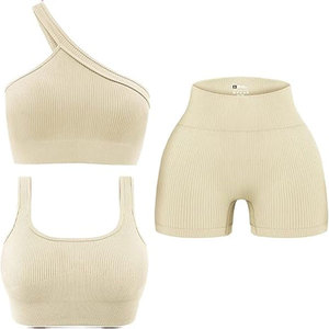 Comfortable Women 2 Piece Vintage Solid Workout Sets Seamless Ribbed Yoga Outfits Sports Bra <b>One</b> Shoulder <b>Top</b> Shorts Gym - Product Image 6