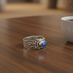 925 Sterling Silver Blue <b>Opal</b> <b>Ring</b> Vintage Floral Engraved Statement <b>Ring</b> Yellow <b>Gold</b> Plated Handmade Jewelry Gift for Women Men - Product Image 5