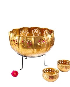 Decorative Gold Metal <b>Floating</b> <b>Candle</b> Bowl Set Floral Cutwork Design Eco Friendly Modern Luxury Indian Festive Urli Set Stand - Product Image 2