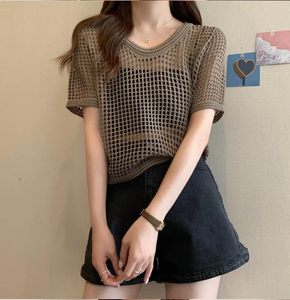 Camiseta de punto de manga corta para mujer, estilo urbano, cuello redondo, con logo personalizado, informal, anti-bolitas, para verano - Product Image 1