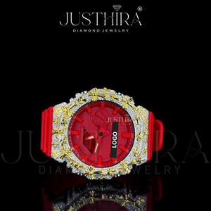 Montre à quartz de luxe avec lunette sertie de pierres, édition Redout, haute qualité, résistante à l'eau, boîtier argenté, double affichage, bracelet en caoutchouc unisexe - Product Image 2