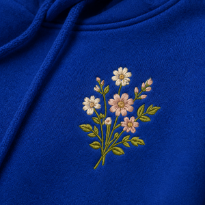 Sweat-shirt à capuche surdimensionné bleu royal pour femme avec broderie florale, poche avant, manches régulières, en coton tricoté, pour l'automne - Product Image 4