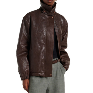 Chaqueta de cuero de oveja marrón personalizada para mujer, de cuero genuino, corte holgado, hombros caídos, cremallera oculta, botones a presión, bolsillos con ribete. - Product Image 3