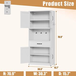 Armoire de rangement de cuisine haute de 71 po en acier blanc, avec étagères réglables, tiroirs et crochets - Product Image 2