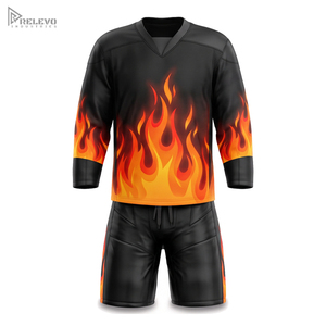 Ensemble de maillot de hockey sur glace personnalisé par sublimation, manches longues, uniforme de hockey unisexe et short de protection, kit flamme de feu, n'importe quel design/couleur - Product Image 1