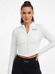 ONETEN APPAREL <b>Women</b> <b>White</b> Half Zip Yoga Jacket <b>Long</b> <b>Sleeve</b> Crop <b>Top</b> Breathable Athletic Front Logo - Product Image 2