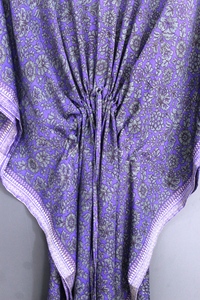 <b>Purple</b> Chiffon Floral Print Kaftan Abaya <b>Dress</b> <b>Plus</b> <b>Size</b> Women Long Sleeve V Neck Loose Fit Natural Waistline Front Summer Wear - Product Image 6