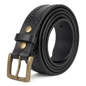 Ceinture en cuir véritable noir pour homme, cousue à la main, motif tressé, boucle en laiton antique, vente en gros, fournisseur direct d'usine - Product Image 2