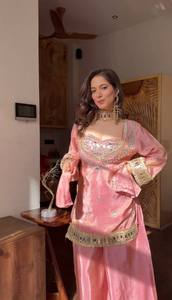 Nude <b>Rose</b> Dusty Pink Silk Embroidered Mirror Work <b>Top</b> With Sharara Plazzo And Dupatta - Product Image 3