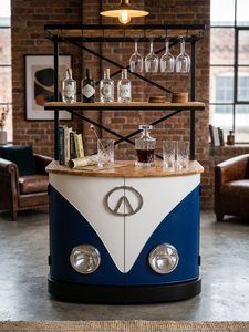 Vintage VW Style Bar Cabinet Wooden Wine Rack Metal Frame Beverage Storage for Hotel Living Room - Product Image 1