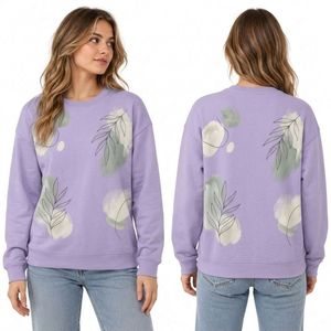 Sweat-shirts pour femmes en coton pur French Terry à grammage élevé, confortables, avec motif en feuille d'aluminium lilas pastel et manches tombantes - Product Image 1