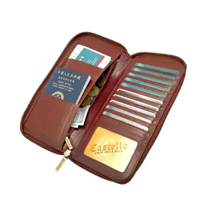[최고의 거래] 최고 품질 카스텔로 가죽 RFID 여권 ID 케이스 홀더 탑승 패스 지퍼 지갑 여행 액세서리 다크 브라운