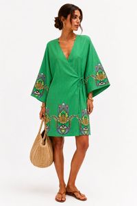 Vestido corto de muselina informal estilo bohemio con estampado de ojo turco verde hasta la rodilla y lazo en la espalda - Product Image 1