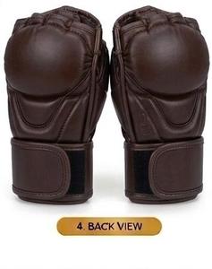 Gants de boxe MMA en cuir PU marron, demi-doigts, avec support de poignet Velcro - Product Image 4