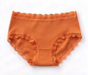 Conjunto de bralette sin aros y braguita de bikini naranja para mujer con ribete de encaje, ropa interior de punto de cintura media de spandex de secado rápido - Product Image 3