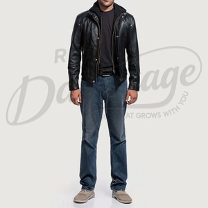 Blouson de motard tactique noir en cuir véritable pour homme avec triple poche poitrine, style course, en cuir de vachette véritable, à capuche, vente en gros - Product Image 6