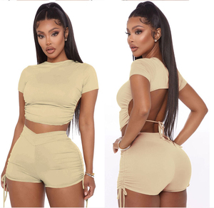 Custom Logo Women's Summer Eco-Friendly Nylon 2-Piece Casual Sport <b>Set</b> with Skinny Fit Short Sleeve Top & Above Knee Shorts - Product Image 5